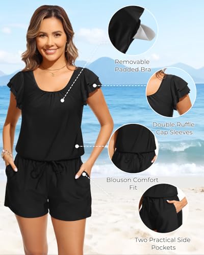 Tempt Me Women One Piece Romper Swimsuit - Ruffle Sleeve Modest Jumpsuit Bathing Suit with Shorts 2026 Swimwear Black M - Image 2