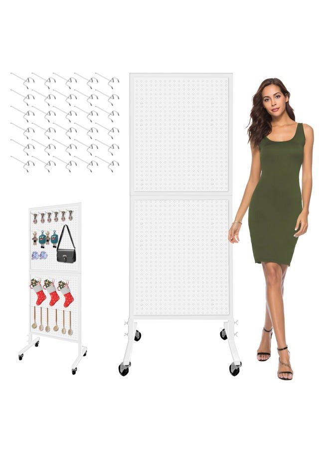 Royxen Metal Pegboard with 30 Hooks and Wheels,2 x 5.5 Feet Pegboard Display Rack, Standing Pegboard Display for Home and Store, White - Image 1