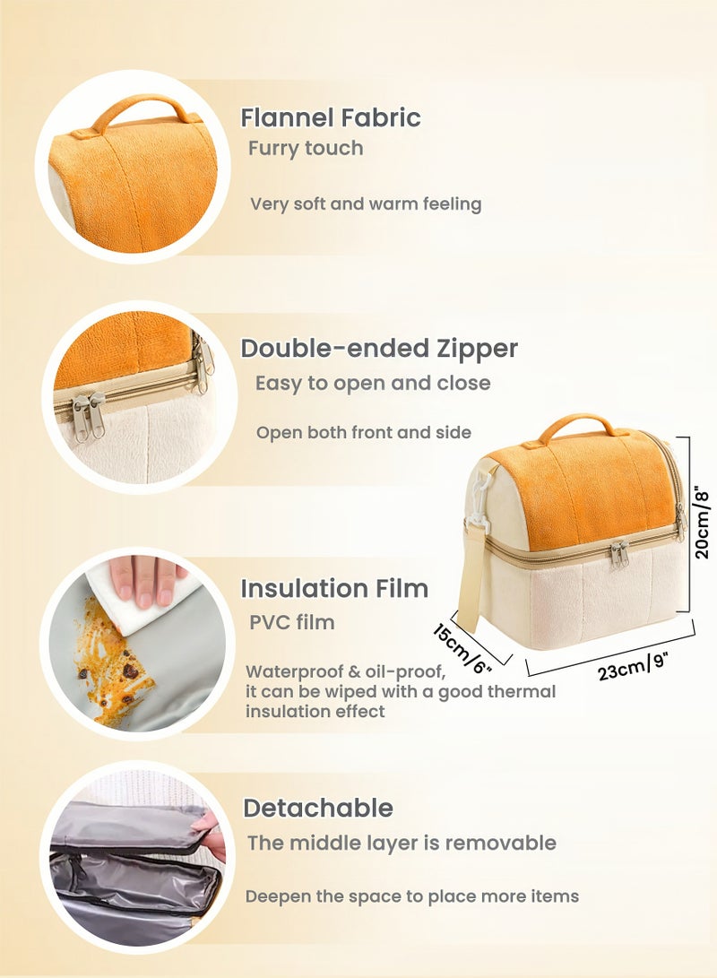 Thermal Insulated Flannel Lunch Box Bag for Ladies Kids with Strap Handles,Office Lunch Bag,Orange Beige,2 Storage Spaces,Removable Partition,Super Large Size,Wide Open Easy to Clean,Carried or Back - Image 5
