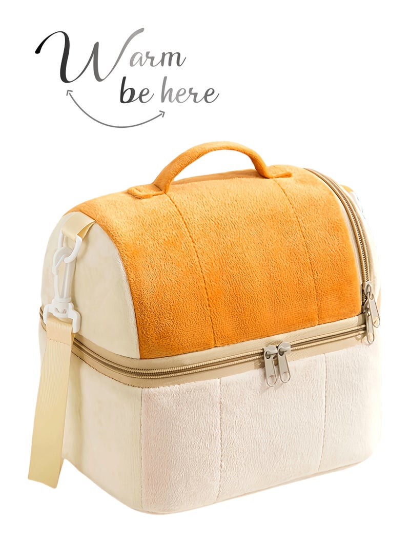 Thermal Insulated Flannel Lunch Box Bag for Ladies Kids with Strap Handles,Office Lunch Bag,Orange Beige,2 Storage Spaces,Removable Partition,Super Large Size,Wide Open Easy to Clean,Carried or Back - Image 1