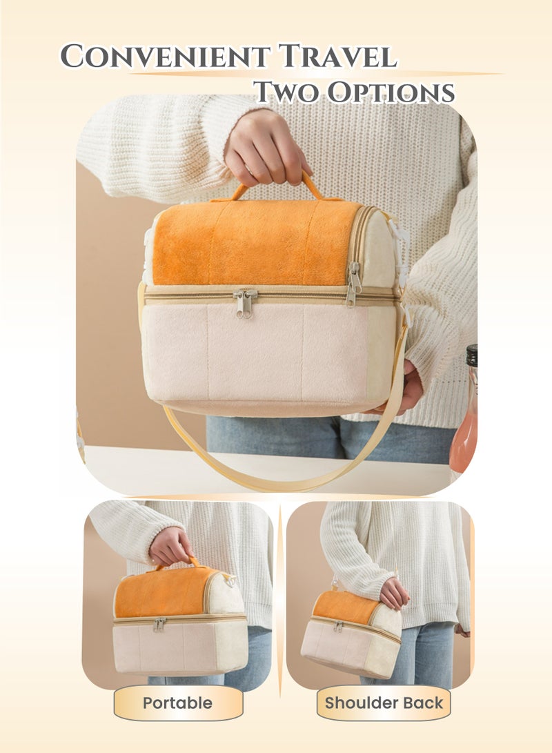 Thermal Insulated Flannel Lunch Box Bag for Ladies Kids with Strap Handles,Office Lunch Bag,Orange Beige,2 Storage Spaces,Removable Partition,Super Large Size,Wide Open Easy to Clean,Carried or Back - Image 4