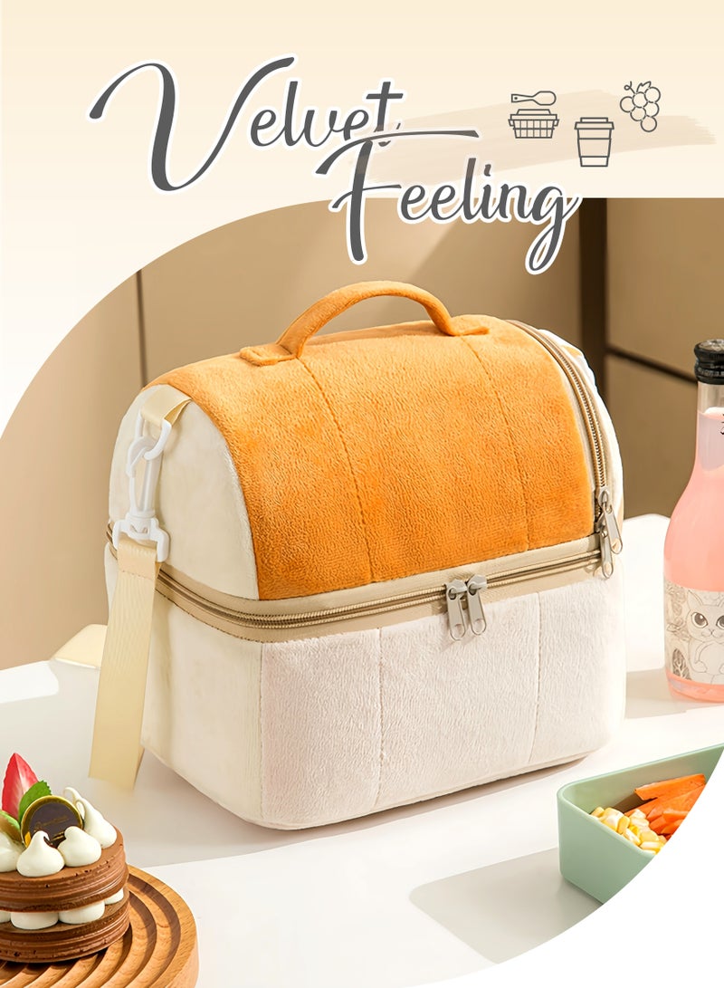 Thermal Insulated Flannel Lunch Box Bag for Ladies Kids with Strap Handles,Office Lunch Bag,Orange Beige,2 Storage Spaces,Removable Partition,Super Large Size,Wide Open Easy to Clean,Carried or Back - Image 2