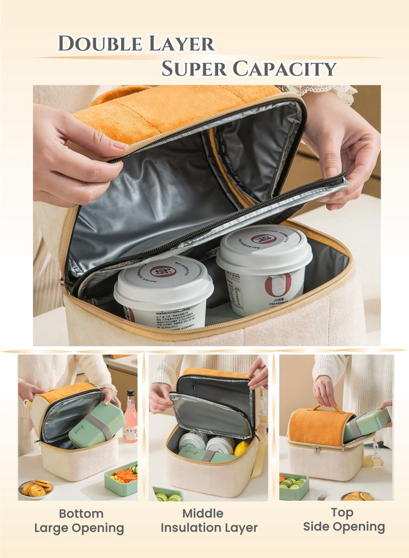 Thermal Insulated Flannel Lunch Box Bag for Ladies Kids with Strap Handles,Office Lunch Bag,Orange Beige,2 Storage Spaces,Removable Partition,Super Large Size,Wide Open Easy to Clean,Carried or Back - Image 3