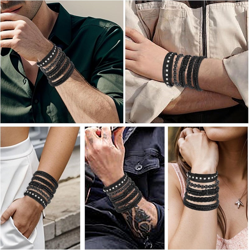 Mafnee Store Manfnee 6-12PCS Braided Faux Leather Bracelet Punk Cuff Wrap Bracelets for Men Women Adjustable - Image 2