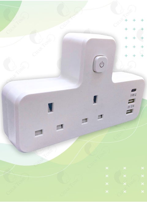 Universal Multi Plug Extension Socket With 2 USB A & 1 USB C(Fast Charger Ports) l Wall Extender Socket 2 Way Multiple Electrical Adapter Ideal For Home l Office & Kitchen l Fuse Overload Protection
