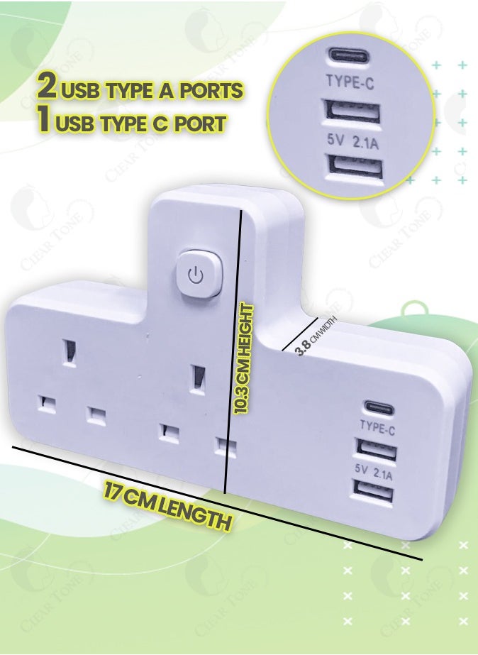 Generic - Universal Multi Plug Extension Socket With 2 USB A & 1 USB C(Fast Charger Ports) l Wall Extender Socket 2 Way Multiple Electrical Adapter Ideal For Home l Office & Kitchen l Fuse Overload Protection - Image 1