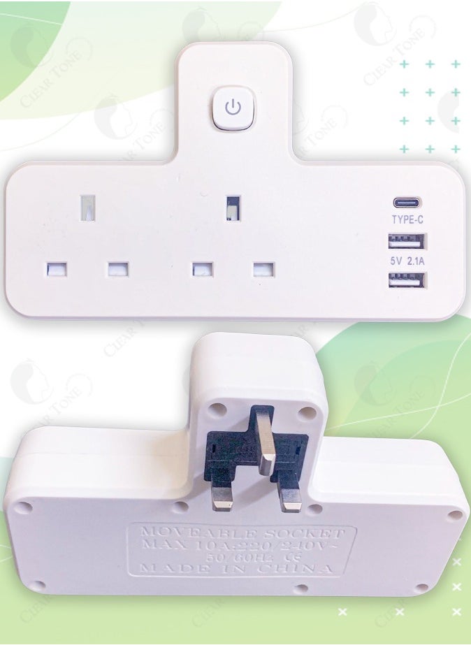 Generic - Universal Multi Plug Extension Socket With 2 USB A & 1 USB C(Fast Charger Ports) l Wall Extender Socket 2 Way Multiple Electrical Adapter Ideal For Home l Office & Kitchen l Fuse Overload Protection - Image 1
