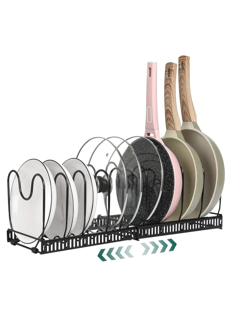 NANAO Expandable Pans Organizer Rack, Rubber Coated Wave Base Pot Rack with 10 Adjustable Compartments for Organizing Kitchen Cabinets Cookware Pots Lids Baking Pans Bowls and More  - Image 1
