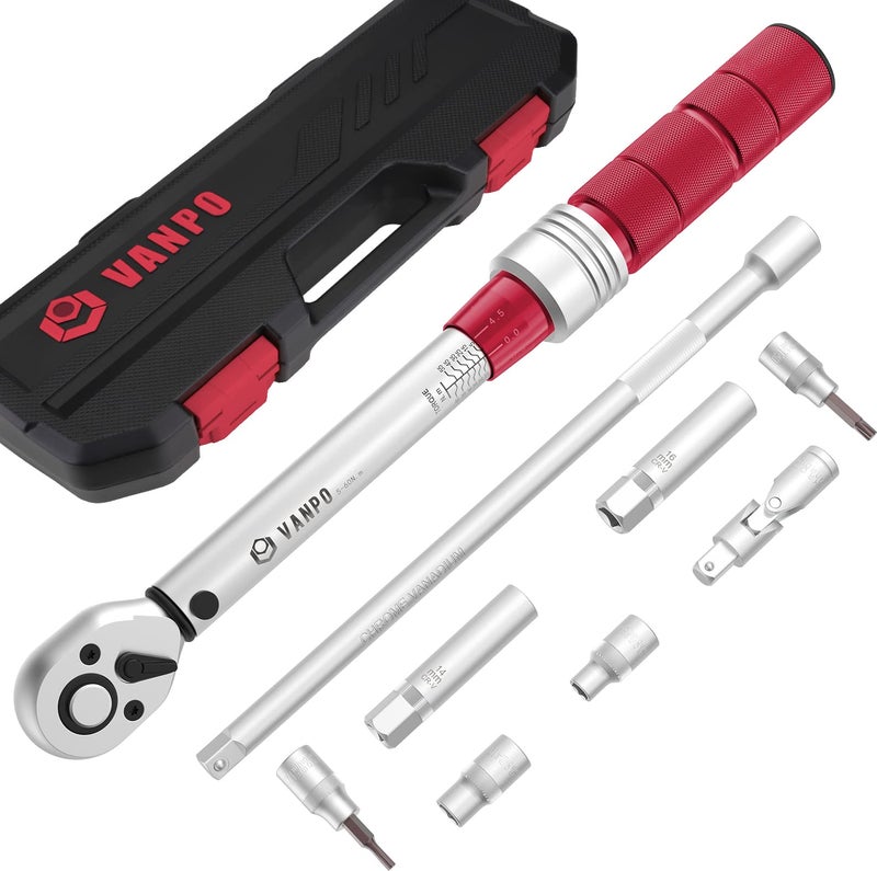 VANPO Torque Wrench 3/8 Inch, Torsion Wrench 5-60Nm, Accuracy ±3%, 9 Pieces Maintenance Kit for Bike and Motorcycle with 25 cm Extension, Universal Gimbal, Magnetic Spark Plug Sockets, Torx - Image 1