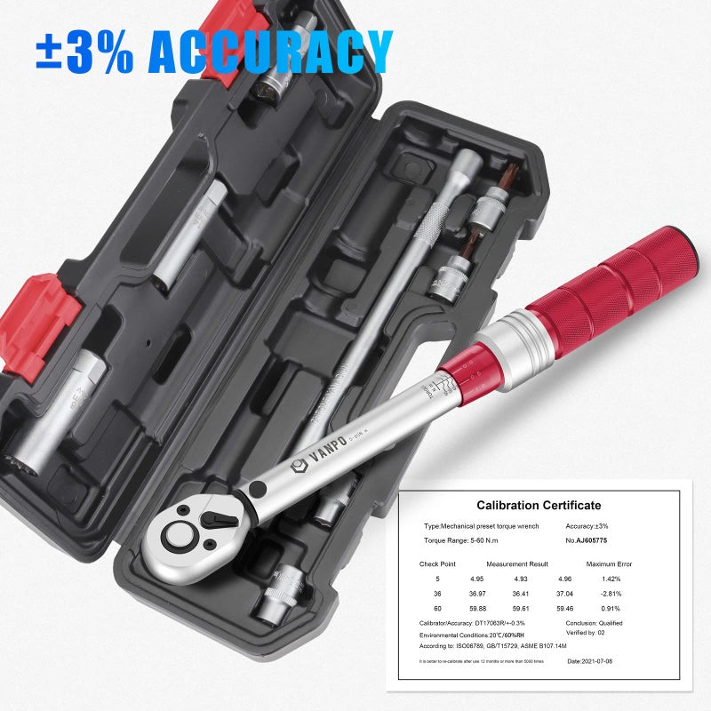 VANPO Torque Wrench 3/8 Inch, Torsion Wrench 5-60Nm, Accuracy ±3%, 9 Pieces Maintenance Kit for Bike and Motorcycle with 25 cm Extension, Universal Gimbal, Magnetic Spark Plug Sockets, Torx - Image 2