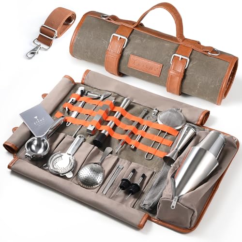 Etens Travel Bartender Kit – 22-Pc Bartending Kit with Bar Tools Bartender Accessories, Waxed Canvas Tool Bag – Professional Stainless Steel Bar Tools Set with Standard Jigger, Unbreakable Squeezer - Image 1