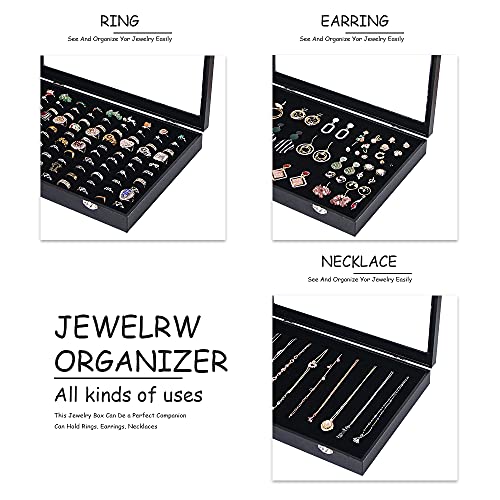 Ausalivan Ring Holder Organizer Box, Jewelry Display Case, Earring Necklace Storage Tray With Top Glass Lid (Black, 100 Slots) - Image 2