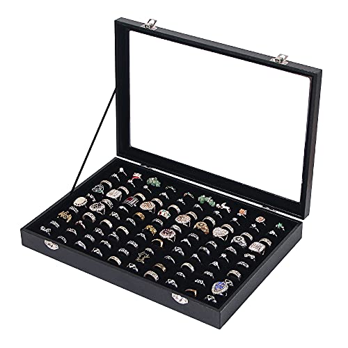 Ausalivan Ring Holder Organizer Box, Jewelry Display Case, Earring Necklace Storage Tray With Top Glass Lid (Black, 100 Slots) - Image 1