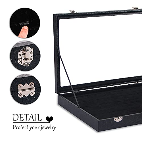 Ausalivan Ring Holder Organizer Box, Jewelry Display Case, Earring Necklace Storage Tray With Top Glass Lid (Black, 100 Slots) - Image 5