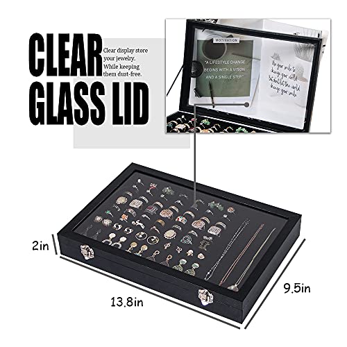 Ausalivan Ring Holder Organizer Box, Jewelry Display Case, Earring Necklace Storage Tray With Top Glass Lid (Black, 100 Slots) - Image 4