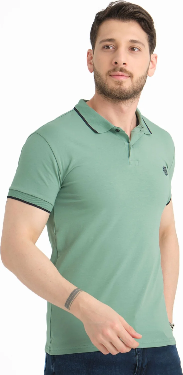Varetta Men's Moss Green Polo Neck Piping Summer Cotton Short Sleeve T Shirt