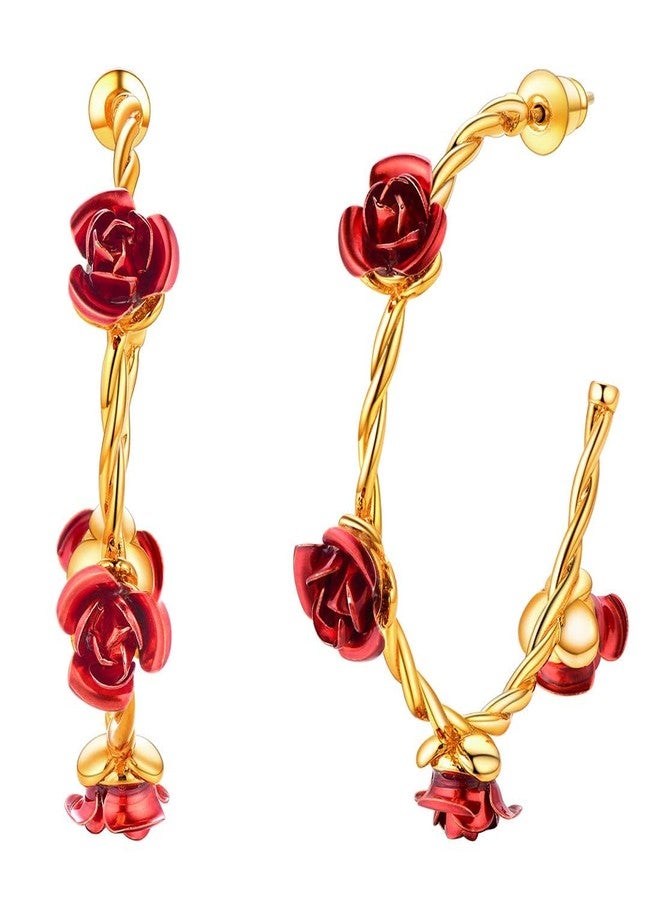 U7 Rose Flower Earrings for Women 18K Gold Plated Twisted Rope Chain Cuff Hoop Earrings with Charm - Image 1