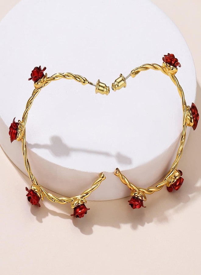 U7 Rose Flower Earrings for Women 18K Gold Plated Twisted Rope Chain Cuff Hoop Earrings with Charm - Image 5