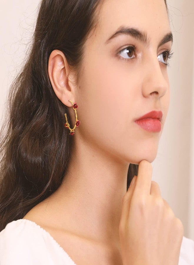 U7 Rose Flower Earrings for Women 18K Gold Plated Twisted Rope Chain Cuff Hoop Earrings with Charm - Image 2