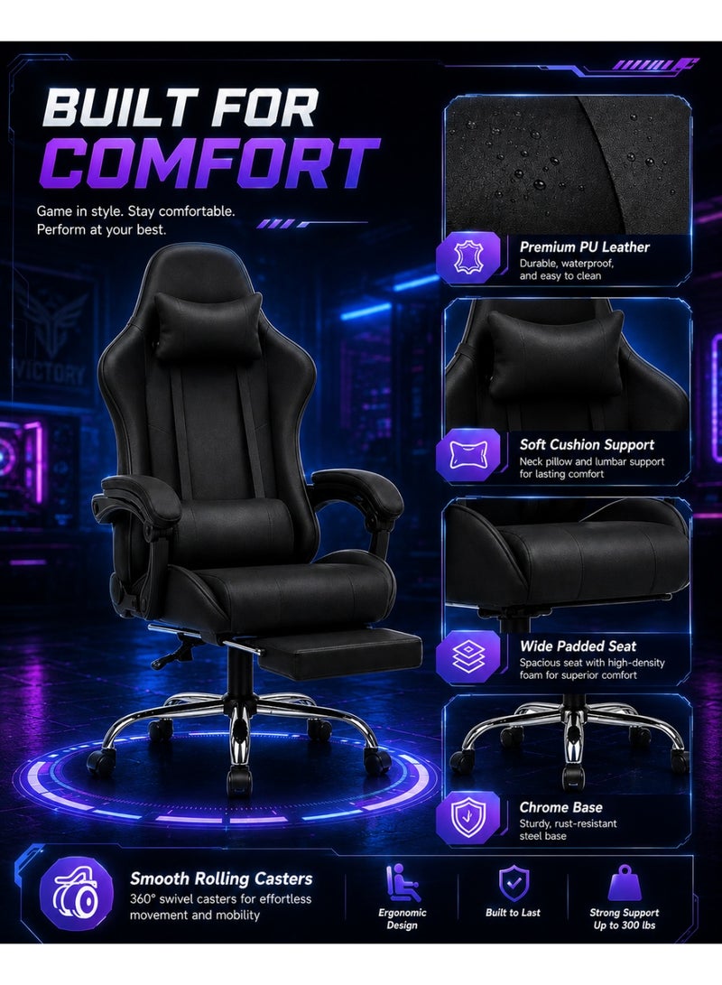 FUOE Gaming chair with footrest, computer chair with lumbar support, height adjustable gaming chair, with lumbar massage, 360° swivel seat and headrest, suitable for office or gaming (black). - Image 5