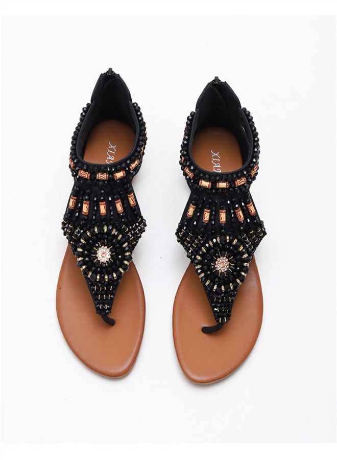 Loquat Fashion Versatile Rhinestone Flat Sandals 2CM Black  - Image 2