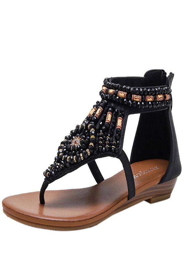 Loquat Fashion Versatile Rhinestone Flat Sandals 2CM Black  - Image 1