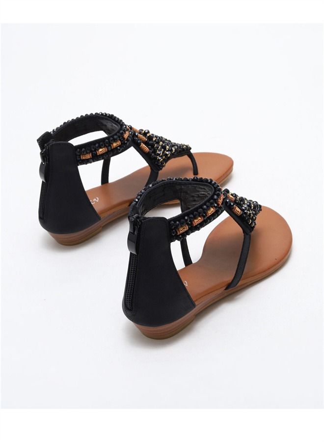Loquat Fashion Versatile Rhinestone Flat Sandals 2CM Black  - Image 3