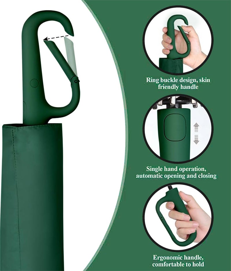 Zemic UV Umbrella with Novelty Carabiner Handle, Travel Umbrellas for Rain and Sun Windproof Compact, Automatic Open Close, 8 Ribs, Portable Umbrella for Men and Women (Green) - Image 2