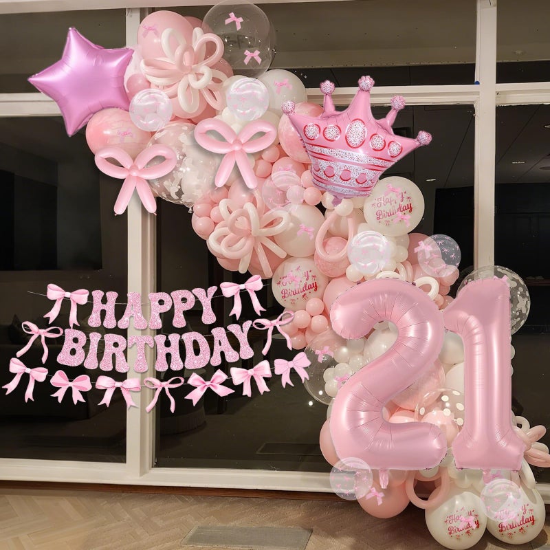 Togvu 21st Pink Bow Birthday Decorations for Her, Coquette Party Decor Include 40 Inch Foil Number 21 Crown Star Balloons Long Latex Balloon Pastel Pink Bows Cake Topper Happy Birthday Banner Fringe Curtain - Image 3
