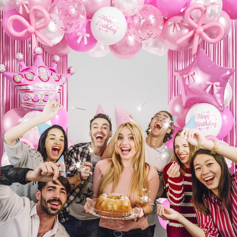 Togvu 21st Pink Bow Birthday Decorations for Her, Coquette Party Decor Include 40 Inch Foil Number 21 Crown Star Balloons Long Latex Balloon Pastel Pink Bows Cake Topper Happy Birthday Banner Fringe Curtain - Image 4