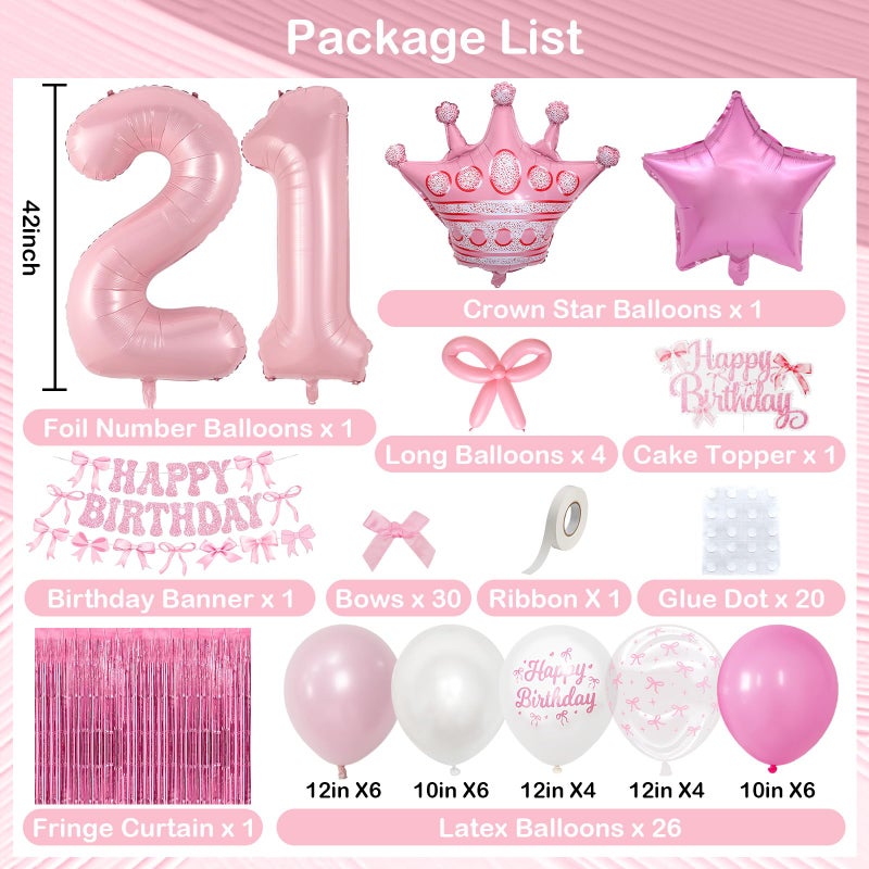 Togvu 21st Pink Bow Birthday Decorations for Her, Coquette Party Decor Include 40 Inch Foil Number 21 Crown Star Balloons Long Latex Balloon Pastel Pink Bows Cake Topper Happy Birthday Banner Fringe Curtain - Image 2