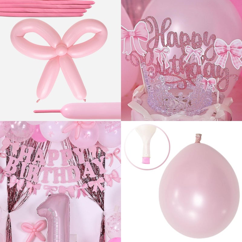 Togvu 21st Pink Bow Birthday Decorations for Her, Coquette Party Decor Include 40 Inch Foil Number 21 Crown Star Balloons Long Latex Balloon Pastel Pink Bows Cake Topper Happy Birthday Banner Fringe Curtain - Image 5