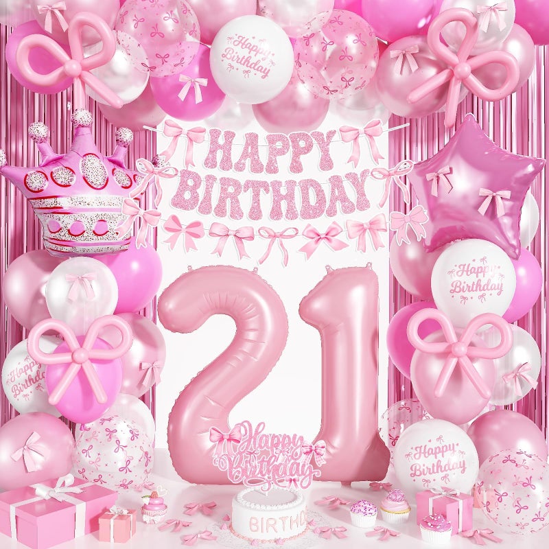 Togvu 21st Pink Bow Birthday Decorations for Her, Coquette Party Decor Include 40 Inch Foil Number 21 Crown Star Balloons Long Latex Balloon Pastel Pink Bows Cake Topper Happy Birthday Banner Fringe Curtain - Image 1