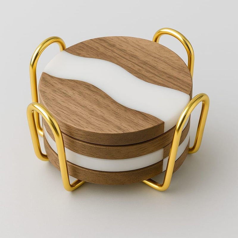 CentraLit طقم حوامل أكواب من 4 لجدول الطعام - حوامل مشروبات من الخشب والراتنج الفاخر مع حامل ذهبي - حوامل أكواب شاي، أكواب قهوة وحوامل زجاج - طقم حوامل طاولة حديث لتزيين المنزل والمطبخ - Image 1