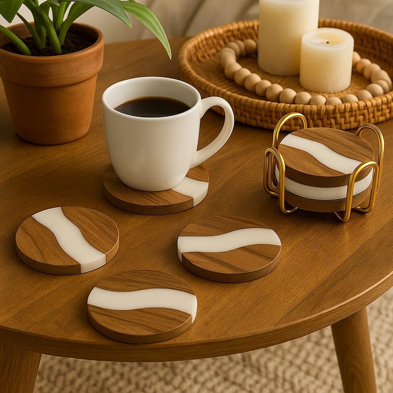 CentraLit طقم حوامل أكواب من 4 لجدول الطعام - حوامل مشروبات من الخشب والراتنج الفاخر مع حامل ذهبي - حوامل أكواب شاي، أكواب قهوة وحوامل زجاج - طقم حوامل طاولة حديث لتزيين المنزل والمطبخ - Image 5