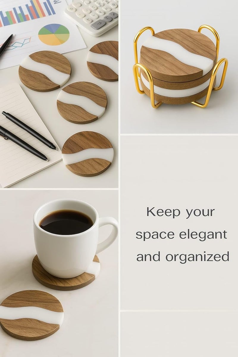 CentraLit طقم حوامل أكواب من 4 لجدول الطعام - حوامل مشروبات من الخشب والراتنج الفاخر مع حامل ذهبي - حوامل أكواب شاي، أكواب قهوة وحوامل زجاج - طقم حوامل طاولة حديث لتزيين المنزل والمطبخ - Image 3