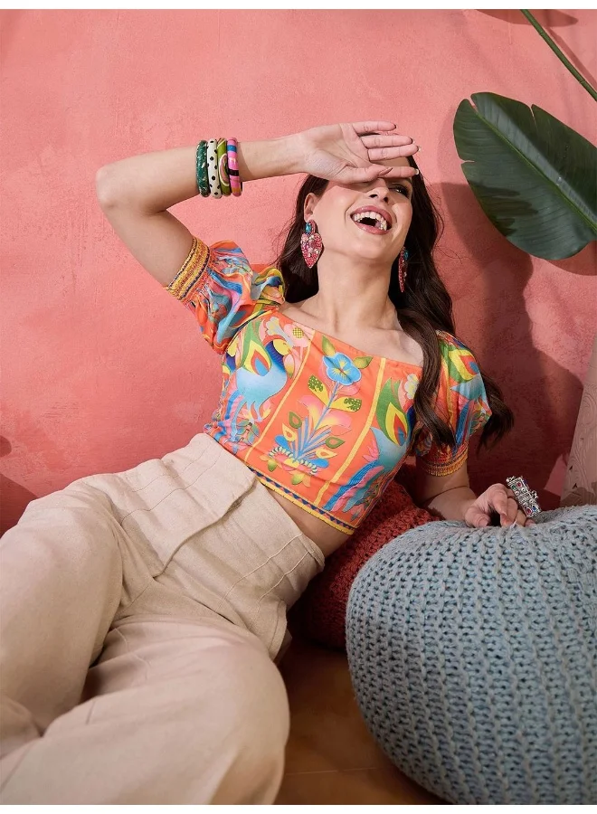 أيه كيه إس Floral Printed Puff Sleeves Crop Top