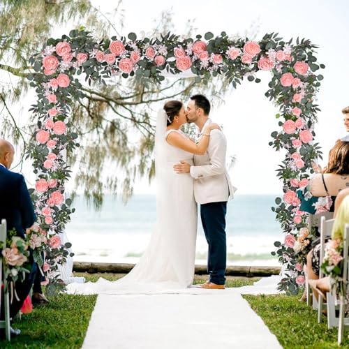 DearHouse 2Pcs Artificial Peony Flower Garland and - Silk Peony Garland with Flowers and Eucalyptus for Wedding Party Table Decoration,6ft/Strand (Pink) - Image 2