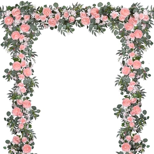 DearHouse 2Pcs Artificial Peony Flower Garland and - Silk Peony Garland with Flowers and Eucalyptus for Wedding Party Table Decoration,6ft/Strand (Pink) - Image 4