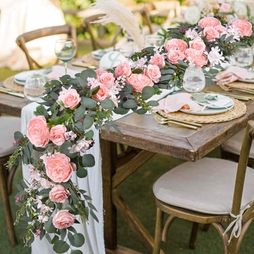 DearHouse 2Pcs Artificial Peony Flower Garland and - Silk Peony Garland with Flowers and Eucalyptus for Wedding Party Table Decoration,6ft/Strand (Pink) - Image 3