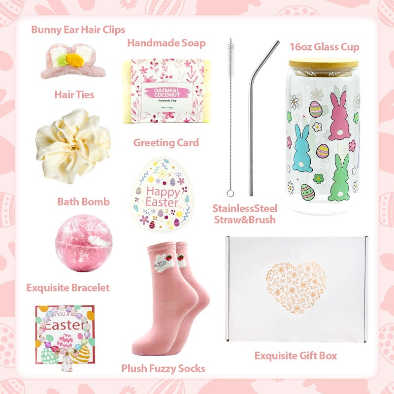 LUICONMO Easter Gifts for Teen Girls Women, Easter Baskets Stuffers for Teens Adults, Self Care Spa Gift Basket Spring Gifts Set Box with Bunny Theme Glass Cup - Brighten up Her Day! - Image 3