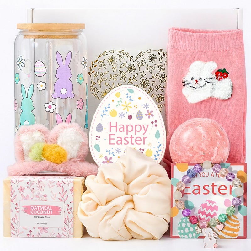 LUICONMO Easter Gifts for Teen Girls Women, Easter Baskets Stuffers for Teens Adults, Self Care Spa Gift Basket Spring Gifts Set Box with Bunny Theme Glass Cup - Brighten up Her Day! - Image 1