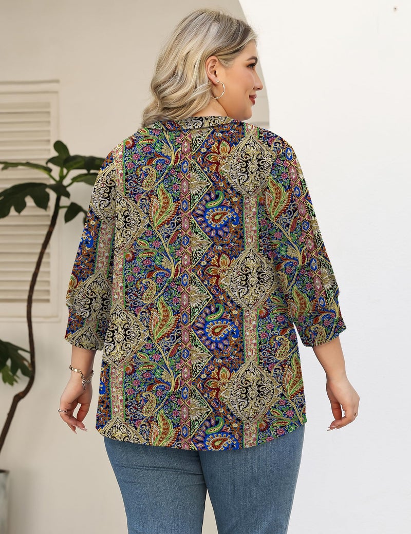 TFSDOD Boho Tops for Women 3/4 Length Sleeve Blouses for Women Dressy Casual V Neck Loose T Shirt Plus Size Fashion Clothing Boho 5X - Image 5