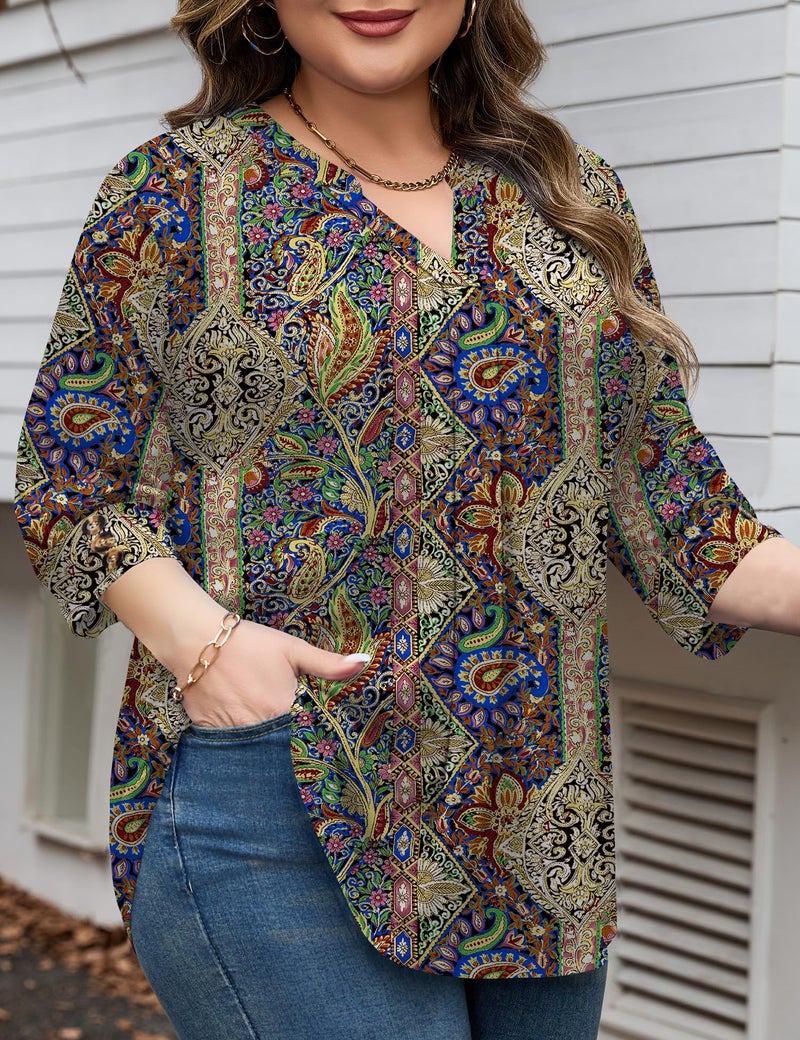 TFSDOD Boho Tops for Women 3/4 Length Sleeve Blouses for Women Dressy Casual V Neck Loose T Shirt Plus Size Fashion Clothing Boho 5X - Image 4