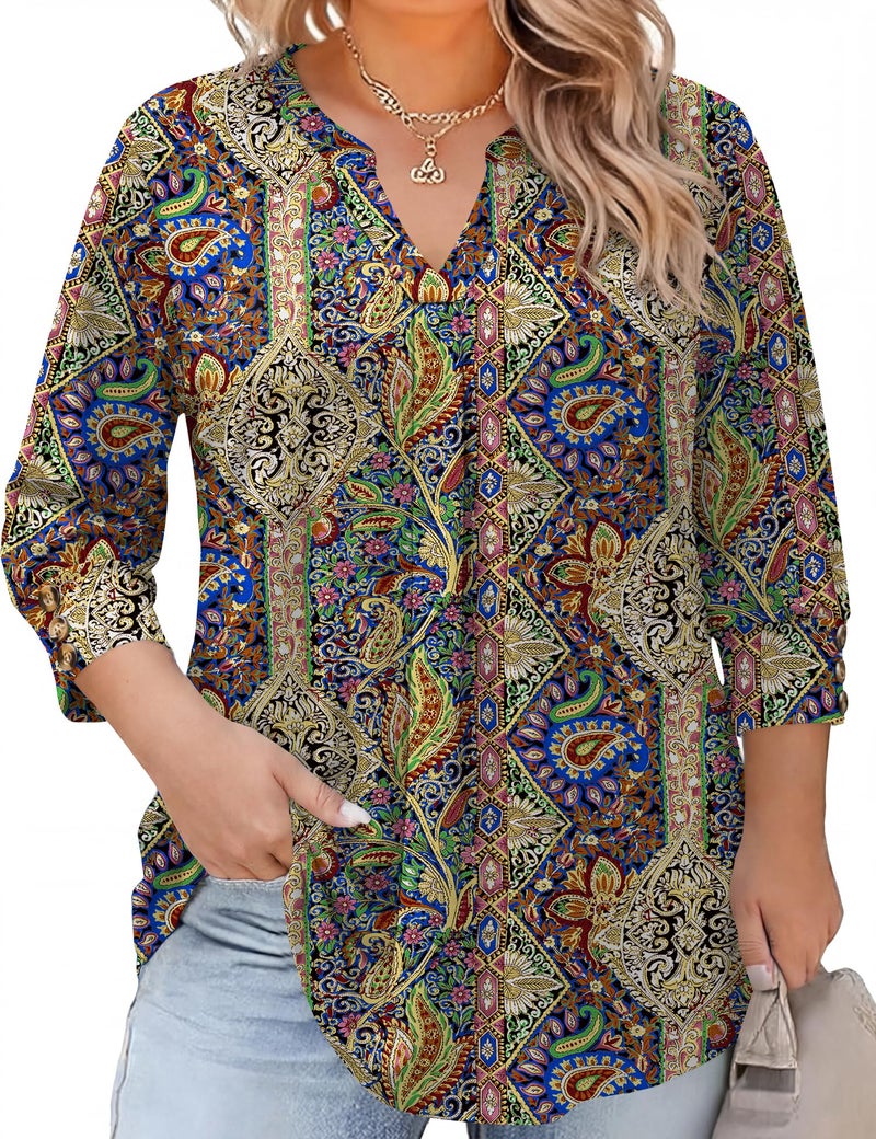 TFSDOD Boho Tops for Women 3/4 Length Sleeve Blouses for Women Dressy Casual V Neck Loose T Shirt Plus Size Fashion Clothing Boho 5X - Image 1