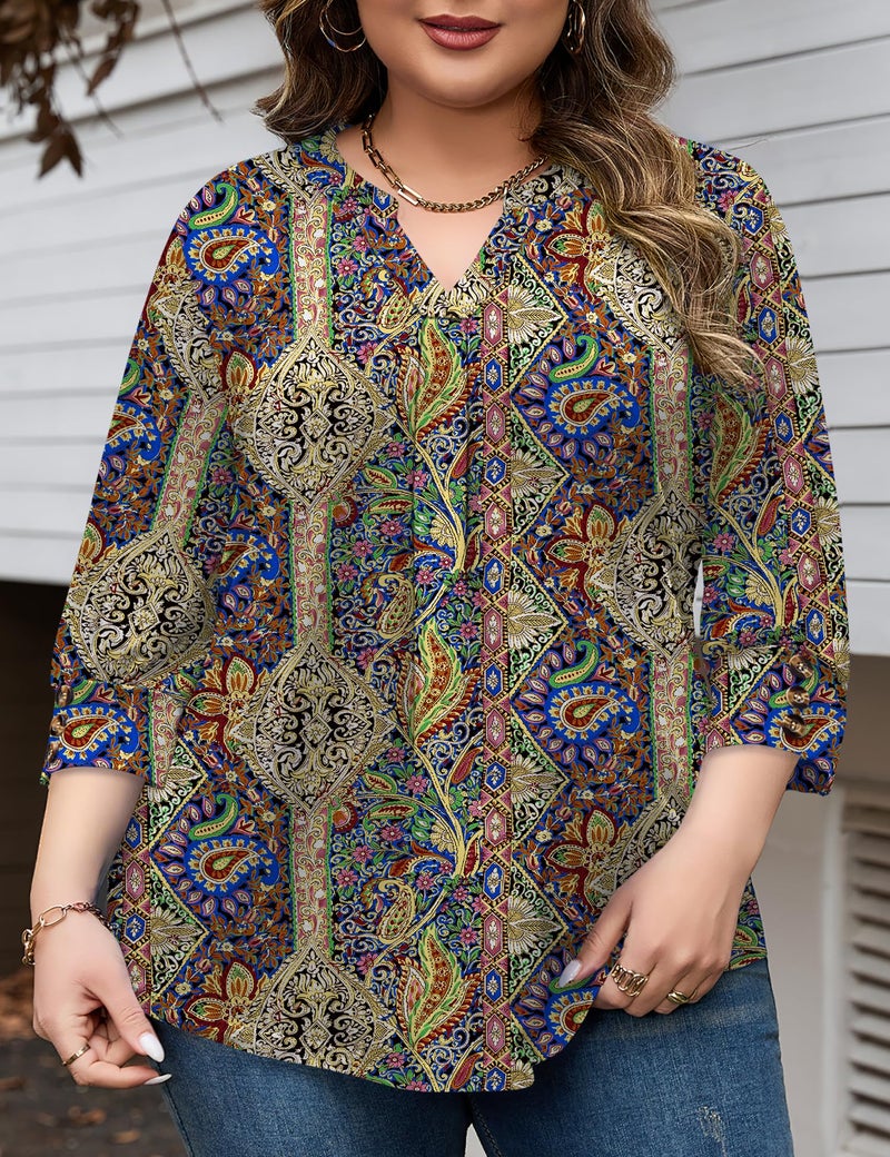 TFSDOD Boho Tops for Women 3/4 Length Sleeve Blouses for Women Dressy Casual V Neck Loose T Shirt Plus Size Fashion Clothing Boho 5X - Image 2