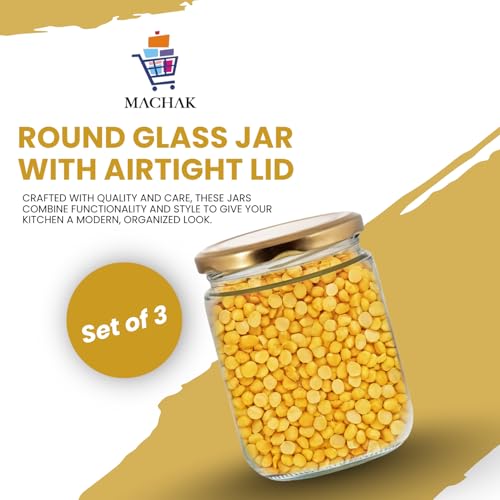 MACHAK Kitchen Storage Glass Jar With Rust Proof Air Tight Golden Cap, 500 Gms, Clear (Set of 3) - Image 3
