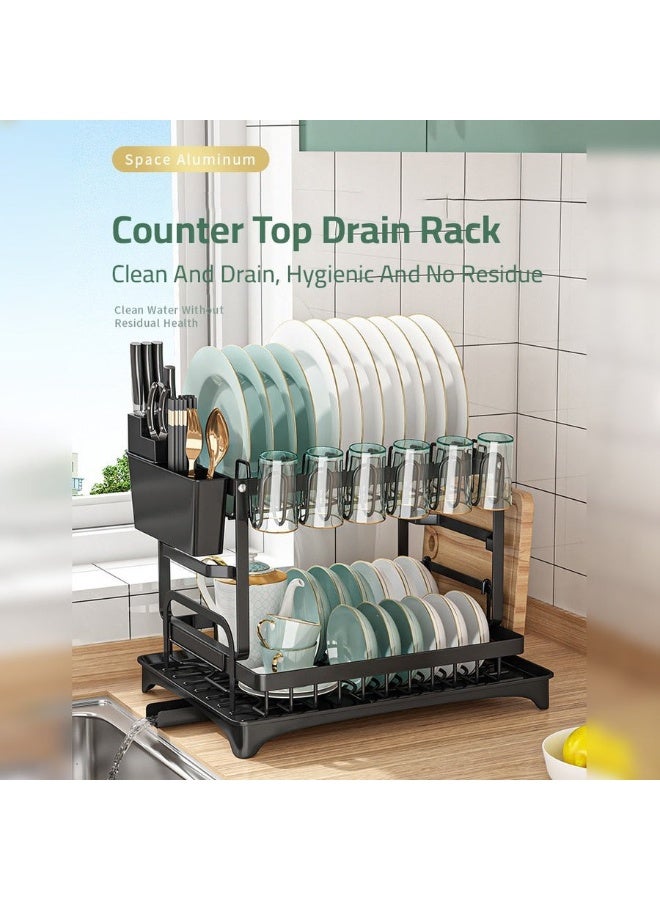 هابي هوم رف أطباق بطابقين من ستانلس ستيل مع تصريف تلقائي – حامل أدوات المائدة والأكواب والأطباق للمطبخ، تصميم موفر للمساحة ومتين ضد الصدأ 42*29 سم - Image 5