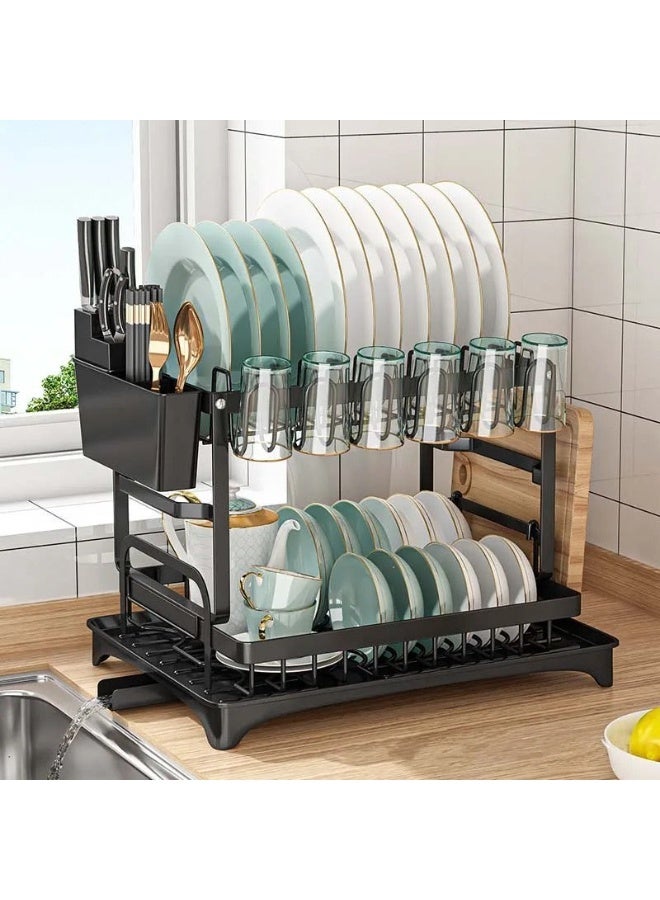 هابي هوم رف أطباق بطابقين من ستانلس ستيل مع تصريف تلقائي – حامل أدوات المائدة والأكواب والأطباق للمطبخ، تصميم موفر للمساحة ومتين ضد الصدأ 42*29 سم - Image 1