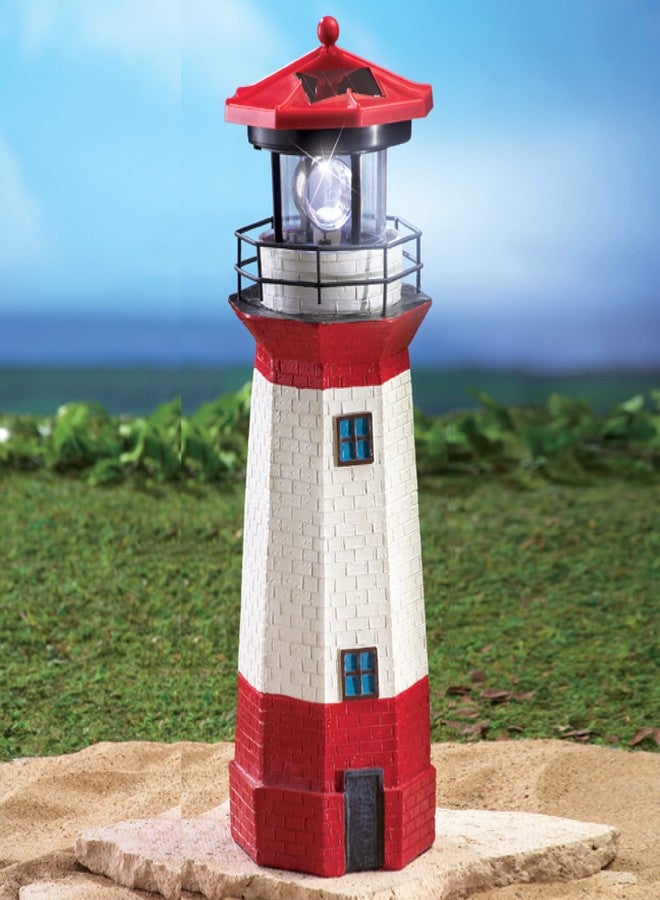 Jumbl 15" Red Solar Lighthouse with Rotating LED – Nautical Outdoor Resin Décor for Coastal Gardens and Yards - Image 3